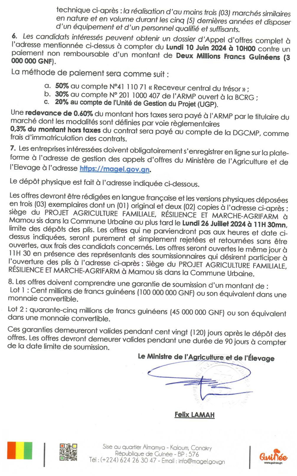 travaux sont constitués de deux (2) lots et seront exécutés dans les Préfectures de Mamou et Kérouané pour un délai d'exécution de dix(10) mois pour le lot 1 et huit (08) mois pour le lot 2 | Page 2
