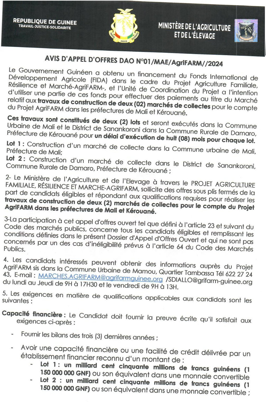 Avis d'appel d'offres pour le Marché relatif aux travaux de construction de deux (02) marchés de collectes pour le compte du Projet AgriFARM | Page 1