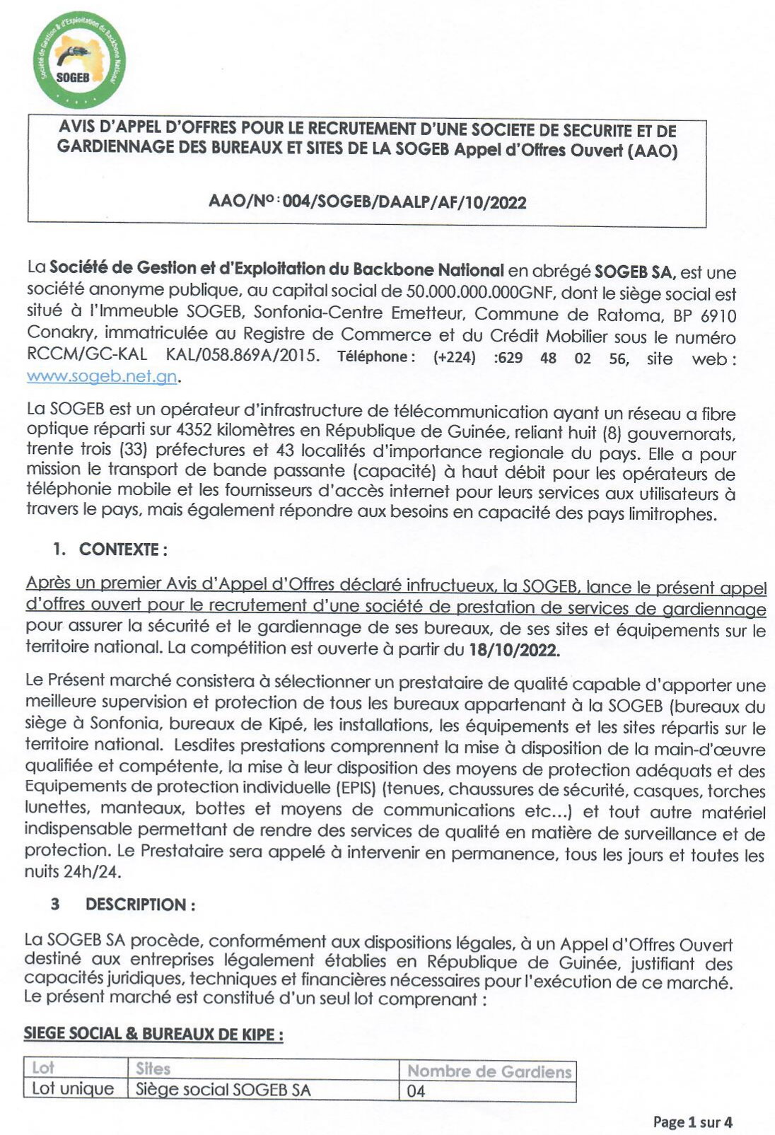 Avis D'appel D'offres Pour Le Recrutement D'une Société De Sécurité Et De Gardiennage Des Bureaux Et Sites De La SOGEB | Page 1