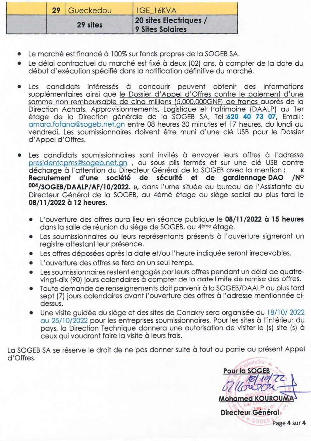 Avis D'appel D'offres Pour Le Recrutement D'une Société De Sécurité Et De Gardiennage Des Bureaux Et Sites De La SOGEB | Page 4