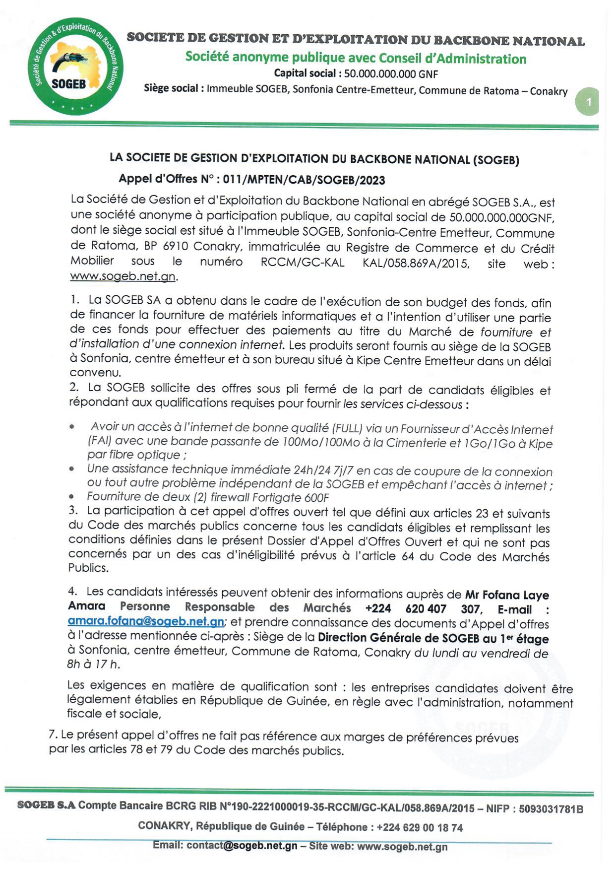 Avis d'appel d'offres pour le Marché de fourniture et d'installation d'une connexion internet | Page 1