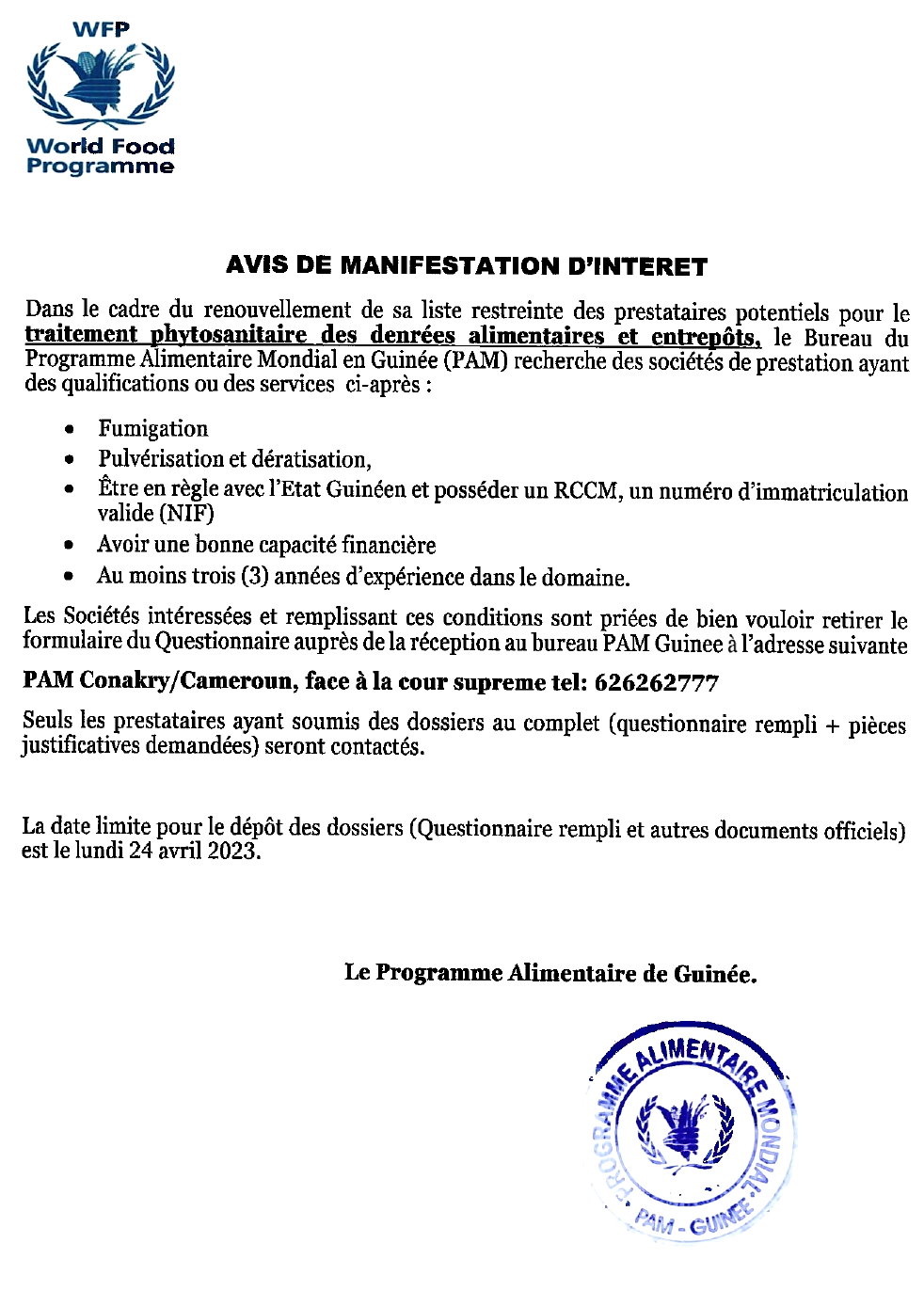 Avis de recrutement de sociétés de prestation : Fumigation • Pulvérisation et dératisation