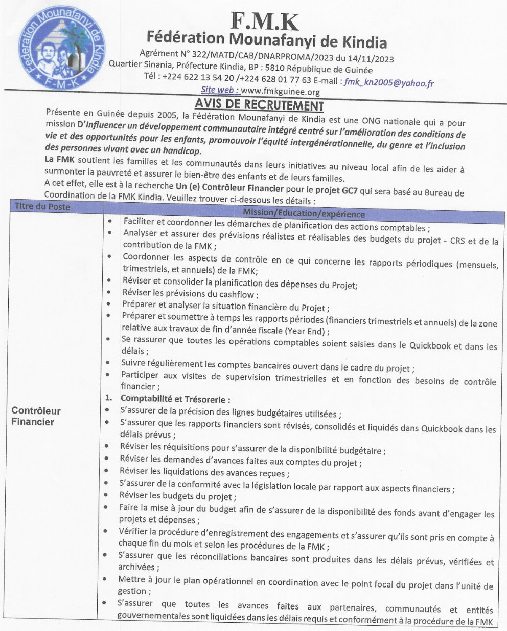 Avis de recrutement d'Un (e) Contrôleur Financier pour le projet GC7 | Page 1
