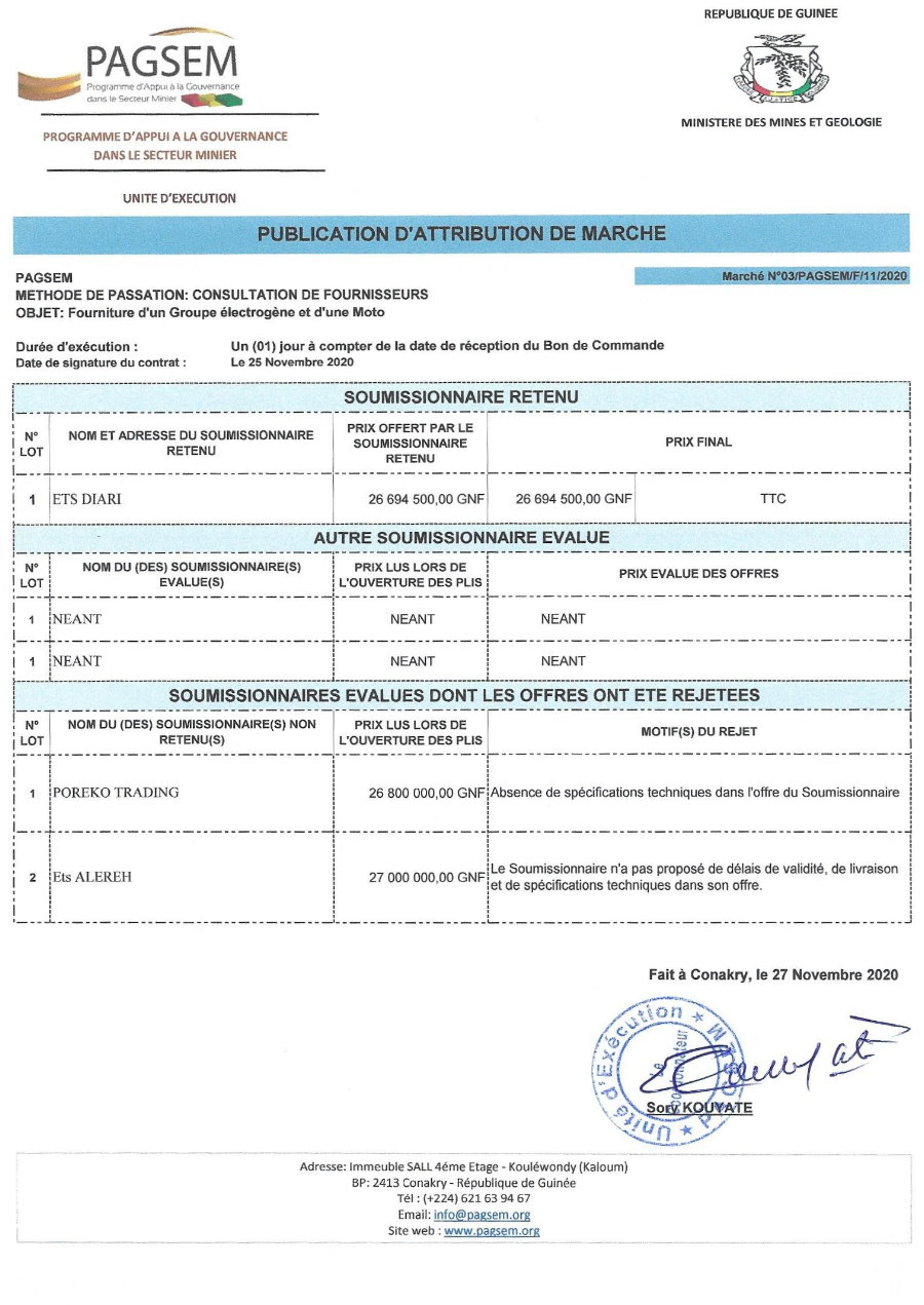 Publication d'attribution de Marché en guinée - Pagsem 1