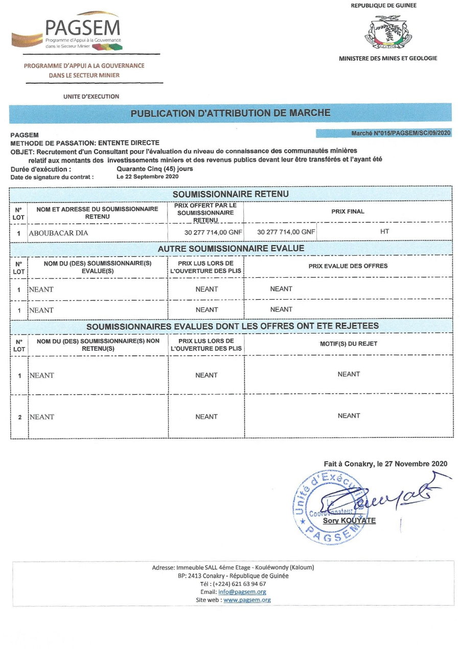 Publication d'attribution de Marché en guinée - Pagsem 3