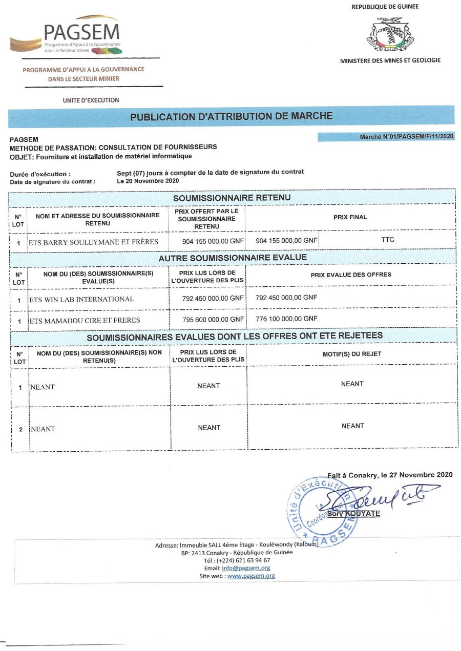 Publication d'attribution de Marché en guinée - Pagsem 4