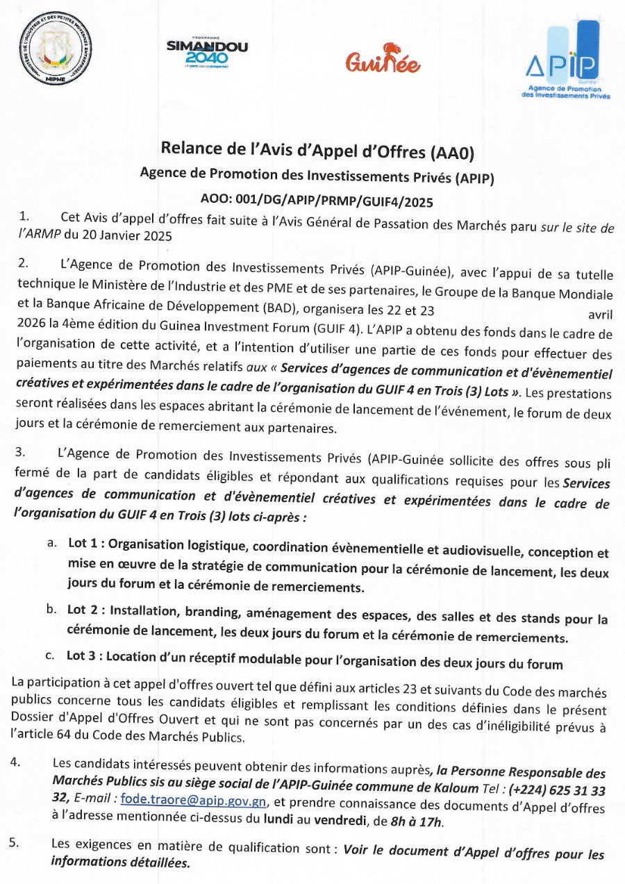 Relance de l'Avis d'Appel d'Offres: Services d'agences de communication et d'évènementiel créatives et expérimentées dans le cadre de l'organisation du GUIF 4 en Trois (3) Lots | Page 1