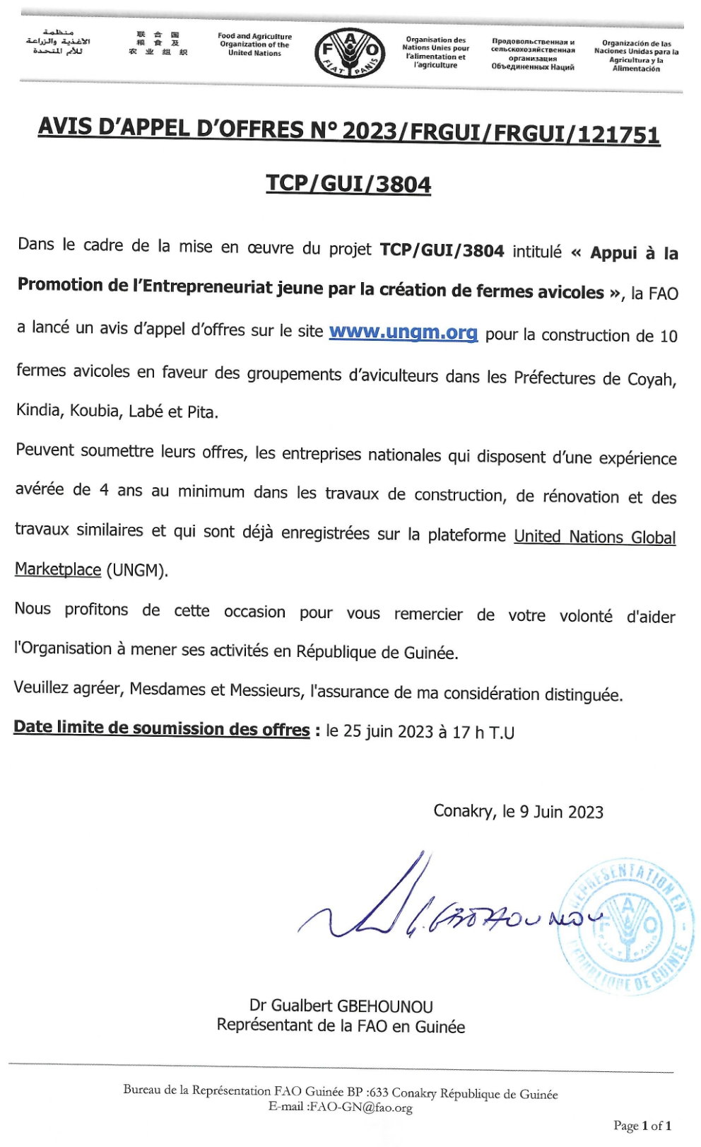 Construction de 10 fermes avicoles en faveur des groupements d’aviculteurs dans les Préfectures de Coyah, Kindia, Koubia, Labé et Pita