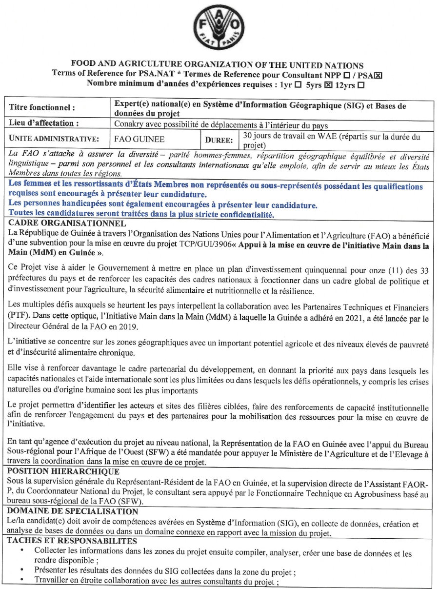 Avis de recrutement d'un Expert(e) national(e) en Système d’Information Géographique (SIG) et Bases de données du projet | Page 1