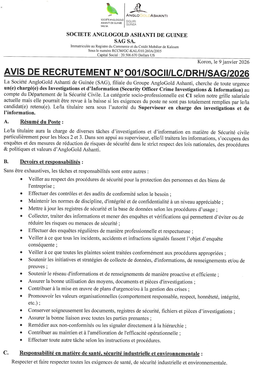 Avis de recrutement d’un(e) chargé(e) des Investigations et d’Information (Security Officer Crime Investigations & Information) | Page 1