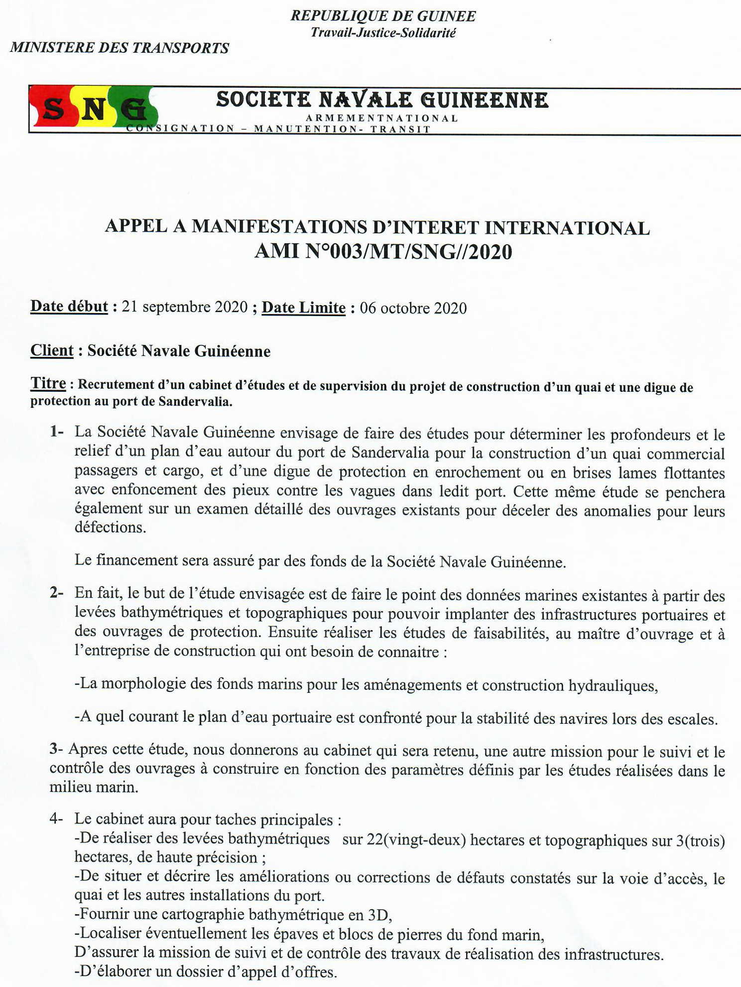 Offre d'emploi de la société navale de Guinée (SNG) partie 1