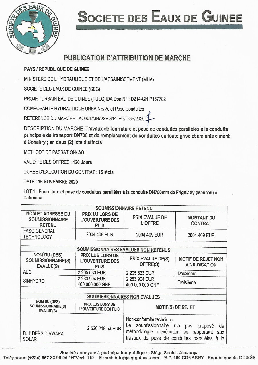 PUBLICATION D'ATTRIBUTION DE MARCHE DE LA SEG EN GUINEE