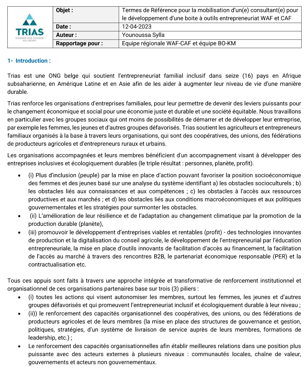 Termes de Référence pour la mobilisation d’un(e) consultant(e) pour le développement d’une boite à outils entrepreneuriat WAF et CAF | Page 1